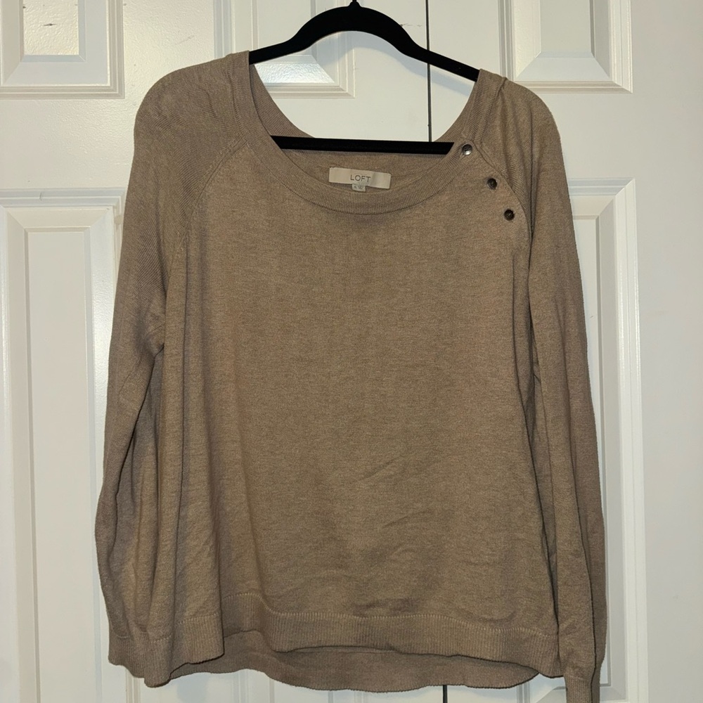 LOFT Taupe Button-Shoulder Lightweight Crewneck Sweater